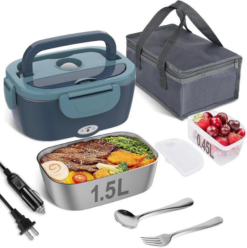 Vabaso Electric Lunch Box Food Heater, 80W Electric Heating Lunch Boxes Lunch for Adults/Men/Car/Truck/Work, 1.5L Removable 304 Stainless Steel Container, 110V/12V/24V, with Fork & Spoon - Image 1